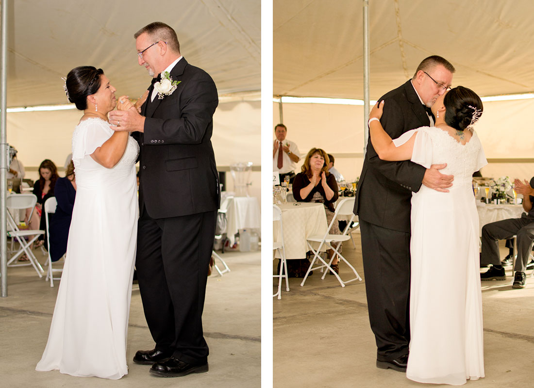 Bride and groom share their first dance at Jess Jones Winery in Dixon CA
